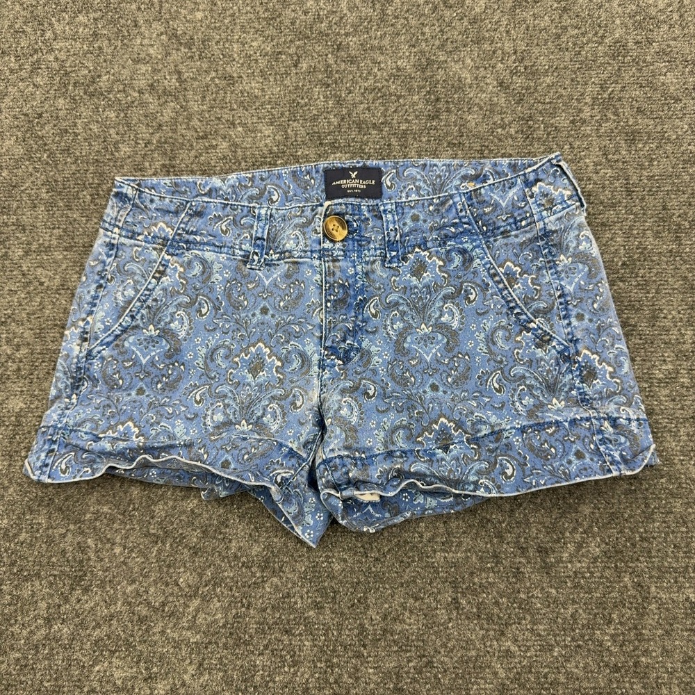American Eagle Shortie Shorts Womens 2 Blue Cotton Paisley Stretch Boho Summer